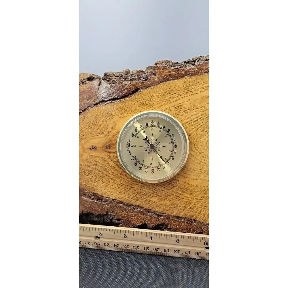 Rustic Wood Slab Wall Clock Thermometer Natural Log Cabin Decor AS IS Untested